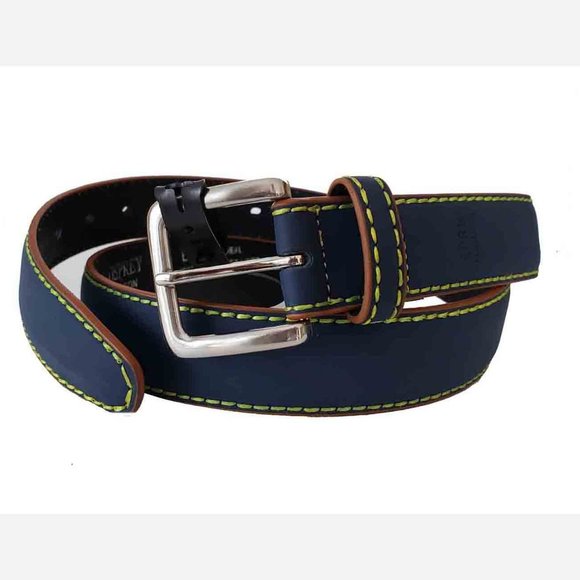 Osprey London Leather Belt Navy Blue Bright Green Tan Men's Size Small or 34 - Picture 1 of 2